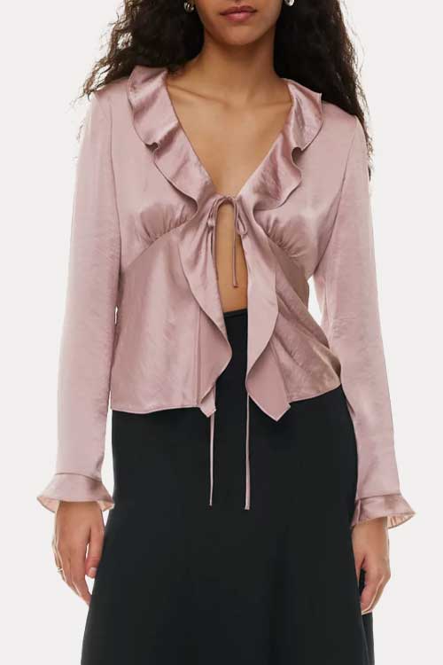 Satin V-neck ruffle blouse