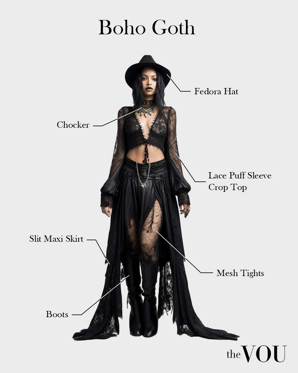 goth boho outfit: fedora hat, chocker, lace puff sleeve crop top, mesh thighs, slit maxi skirt, boots