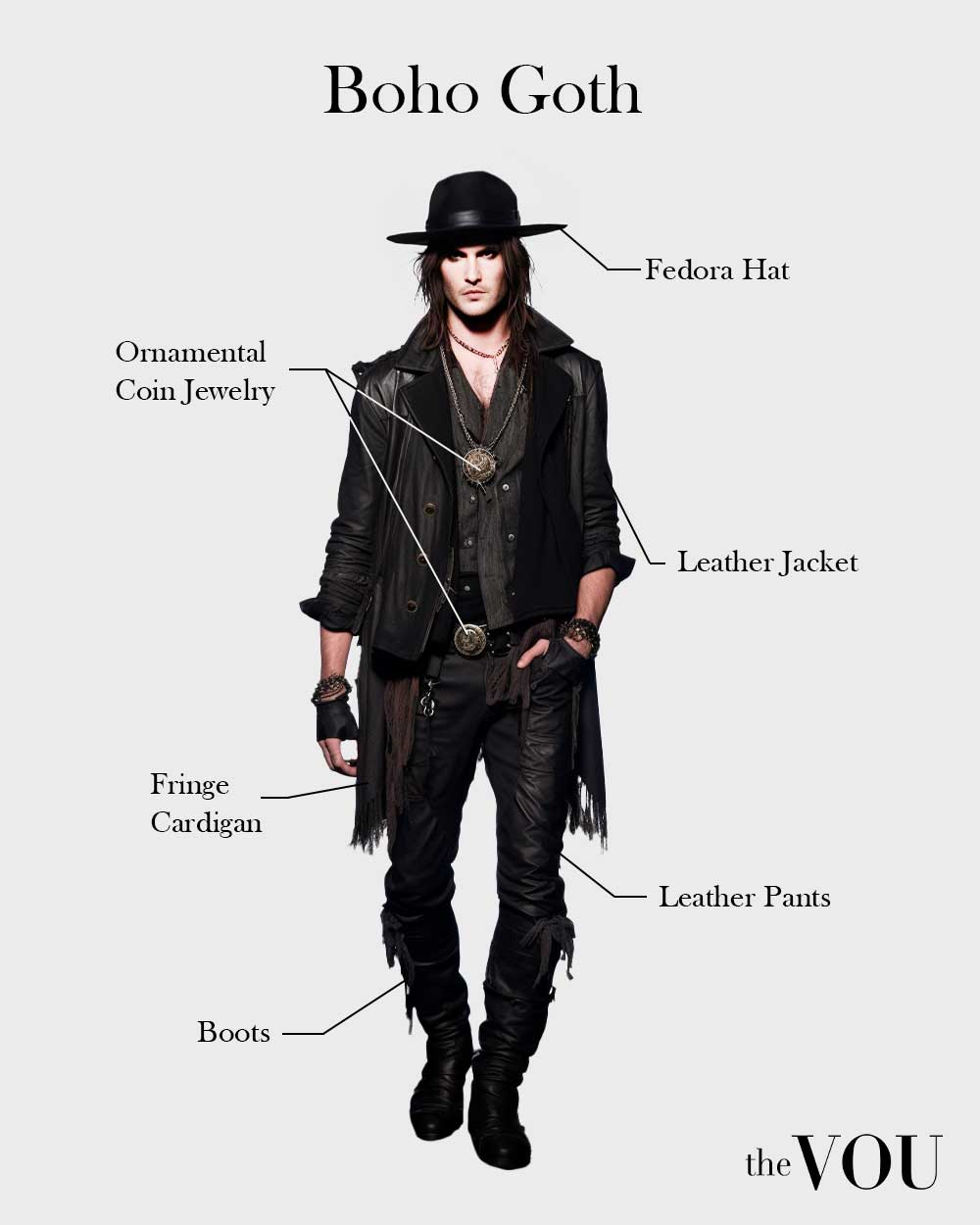 boho goth outfit for man: fedora hat, leather jacker, leathet pants, boots