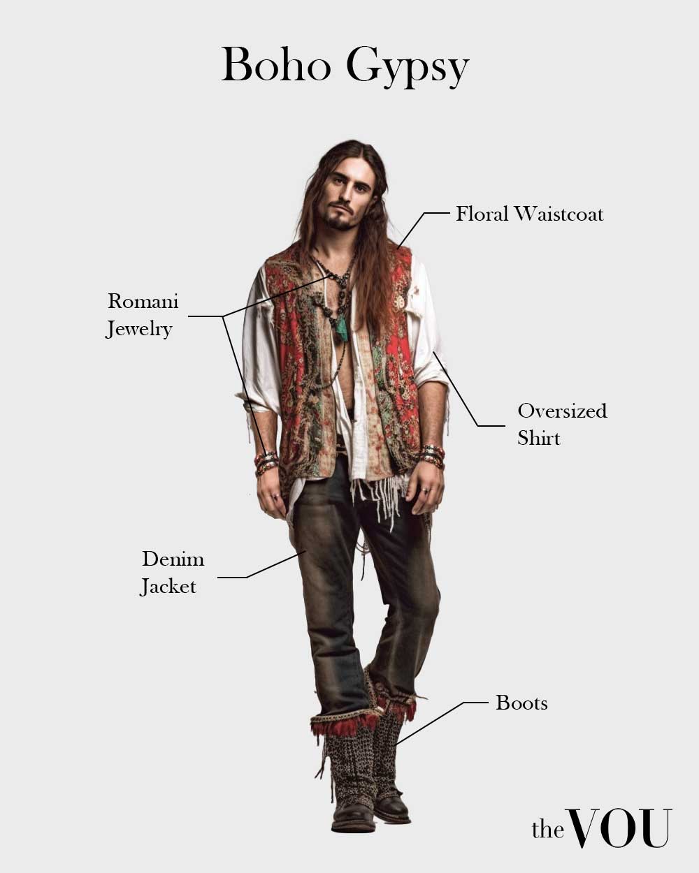 boho gypsy outfit for men: floral waistcoat, romani jewelry, oversized shirt, jeans, boots
