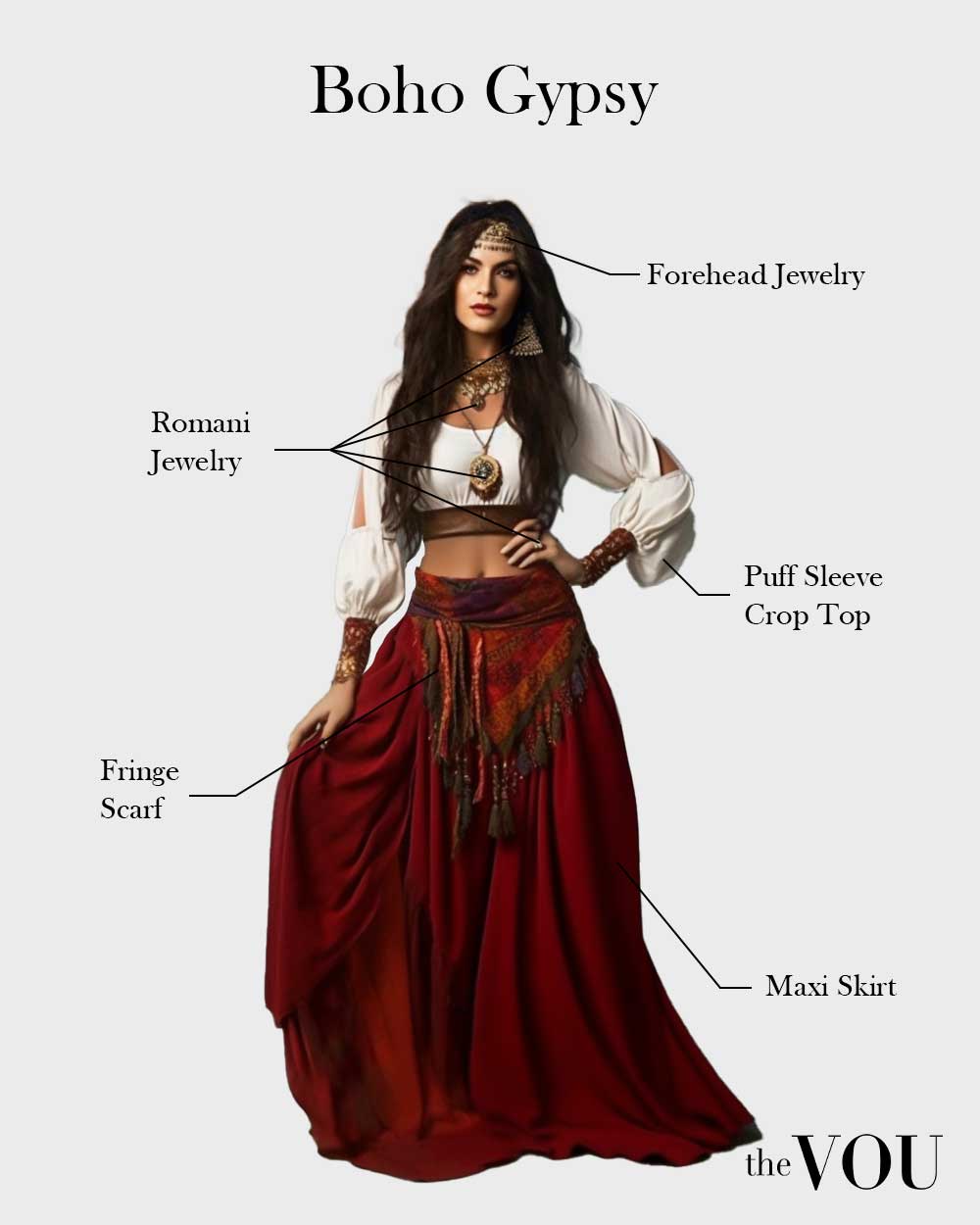 boho gypsy outfit with puff sleeve crop top, maxi skirt, and romani jewelry