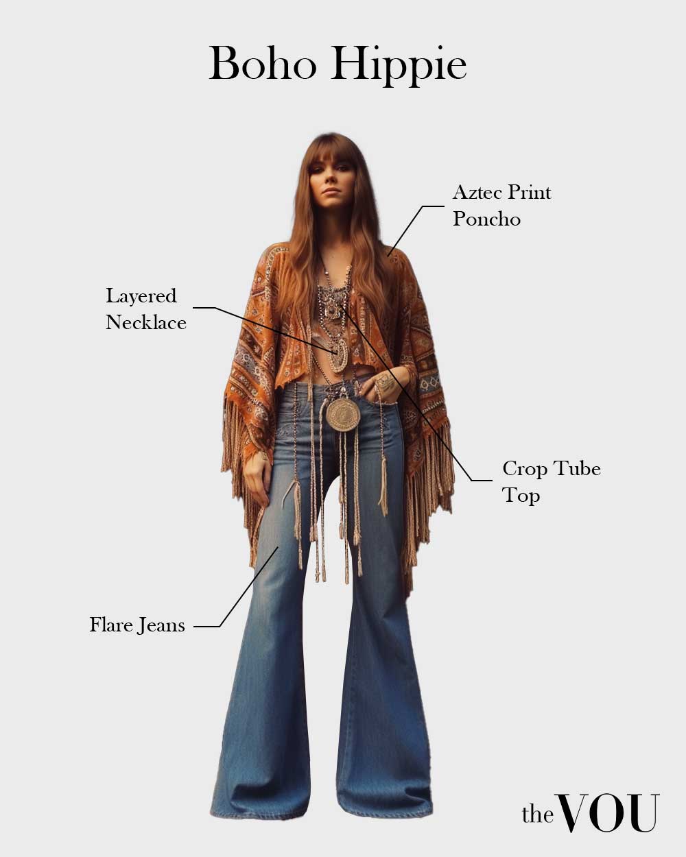 Boho Hippie style with aztec print poncho, tupe ctop top, layered necklace, flare jeans