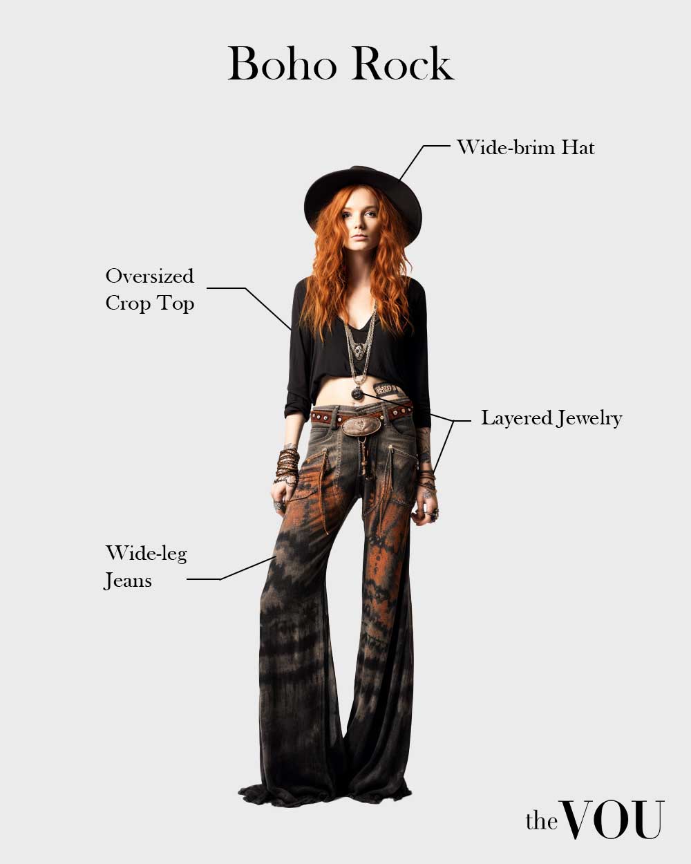 boho rock outfit: wide-brim hat, oversized crop top, wide leg jeans