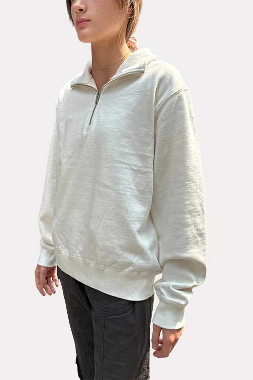 Soft collared pullover sweatshirt with a silver 1/4 front zip in natural white