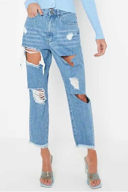 High Waisted Ankle Length Zip Fly Ripped petite mom jeans