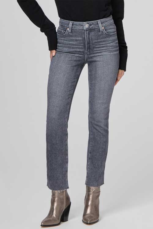 high-rise ash grey straight button front jeans with front pockets