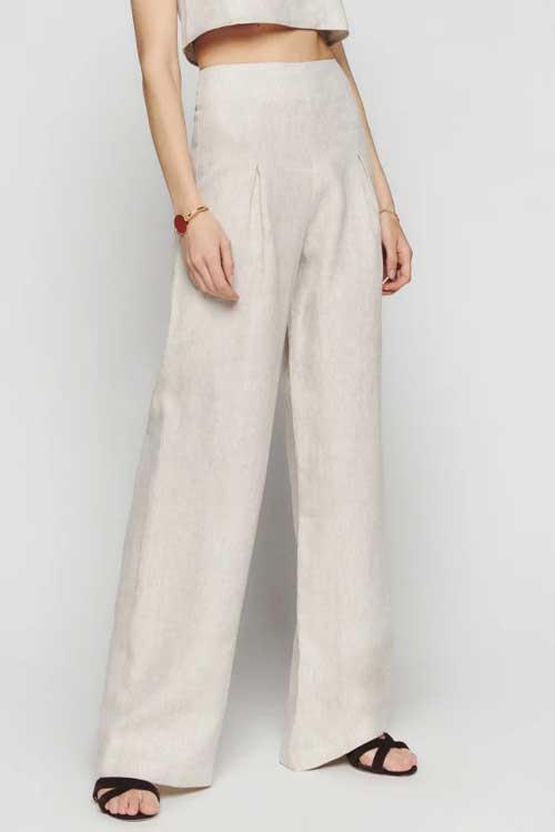 Long linen Back zipper pants with pleated details