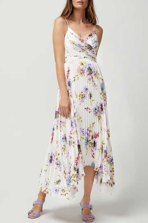 V-neck Sleeveless floral pattern Satin Pleated Midi Dress 