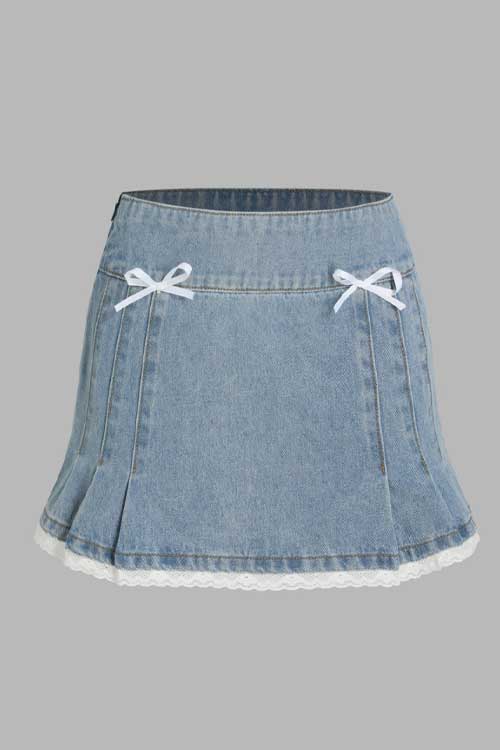 Denim Middle Waist Bowknot Pleated Lace Trim Mini Skirt