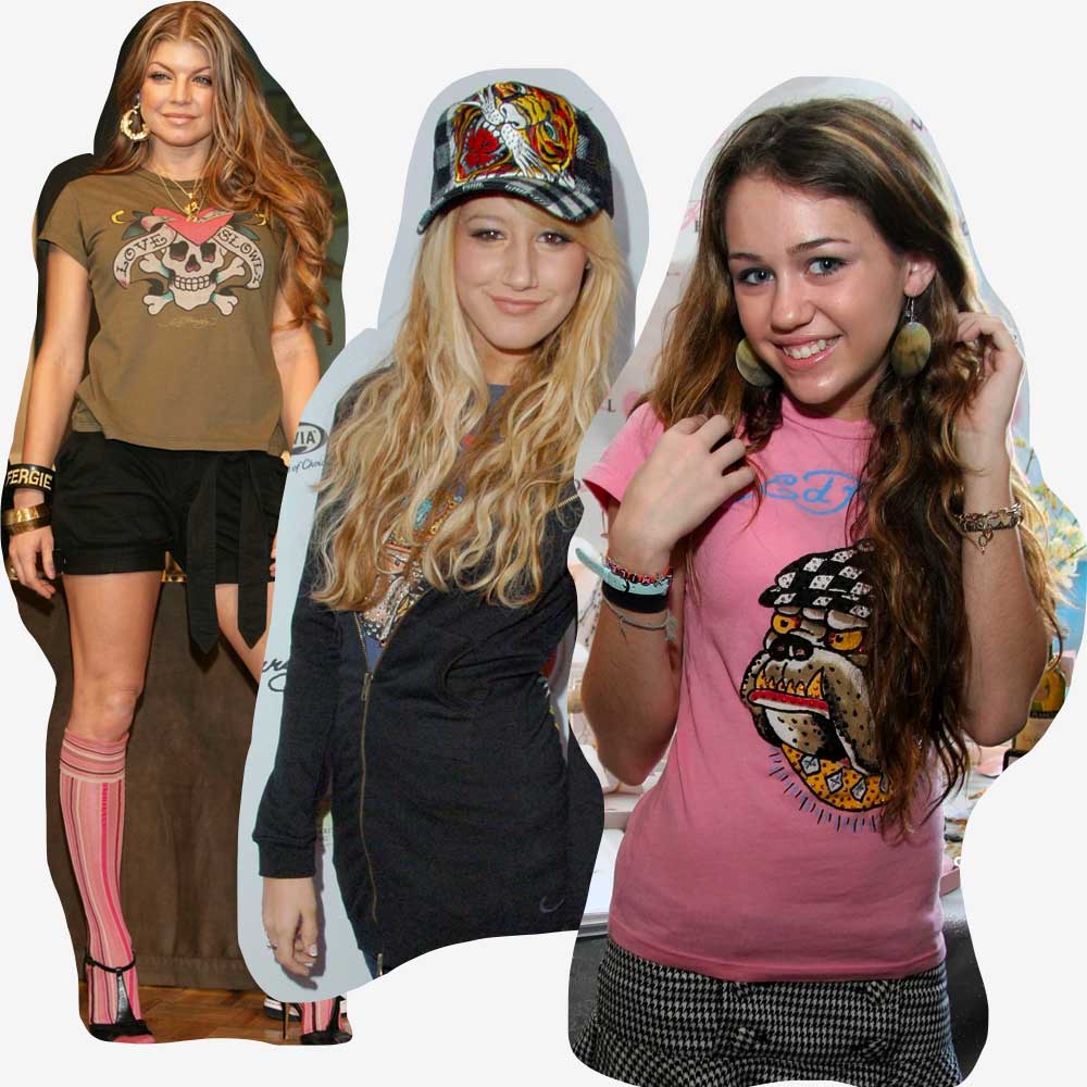 ED HARDY Y2K fashion Fergie, Miley Cyrus, and Ashley Tisdale