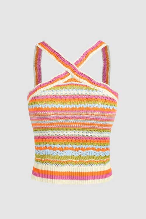 Knit V-neck Colorful Stripe Criss Cross Cami Top Indie Aesthetic Outfit