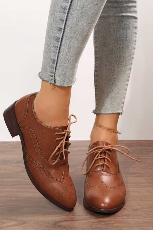 Lace-up Front Oxford Shoes, Women's Brown Solid Color Neutral Flat Shoes
