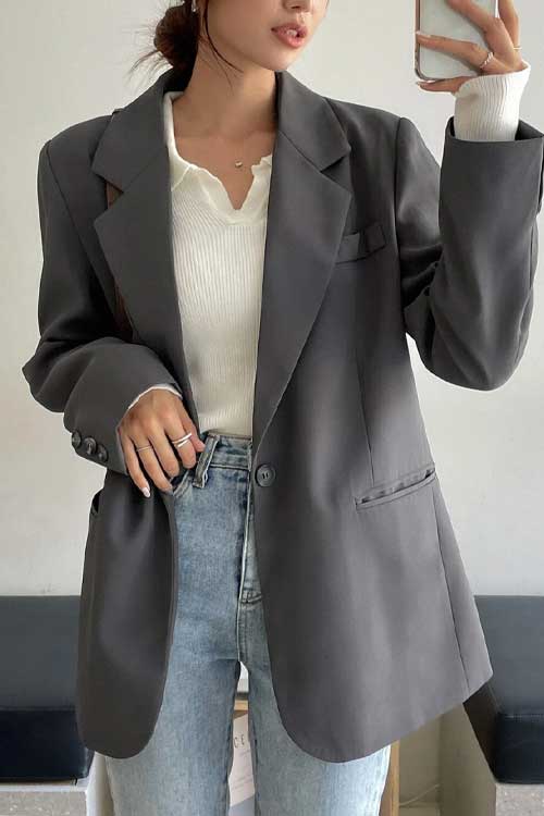 Lapel Collar Split Back Single Button Blazer Korean Aesthetic Outfit