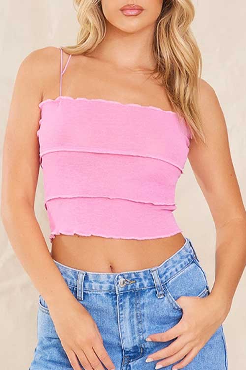 PINK TEXTURE SHEER LETTUCE HEM SPAGHETTI STRAP CAMI TOP y2k aesthetic outfit