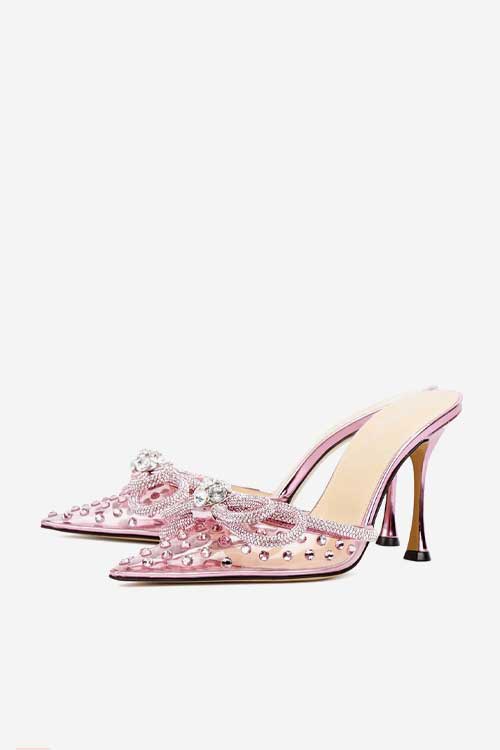 Women High Heeled Mules Clear PVC Pointed Toe Double Bow Rhinestones Embellished Wedding Sandals Y2K Aesthetic Outfit