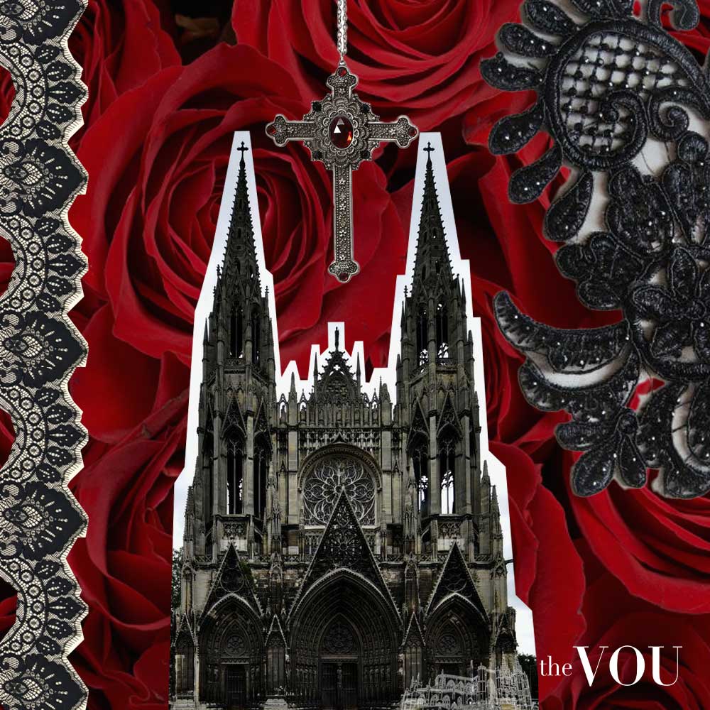 Gothic architecture's pointed arches and intricate stonework, influence Goth fashion with sharp angles, elongated shapes, and dark materials like black velvet and lace.
