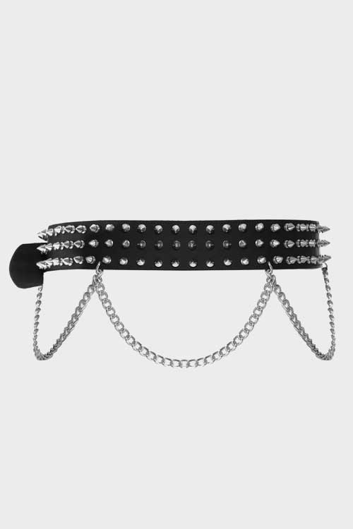 3 Row Spike Stud and Chains Leather Belt