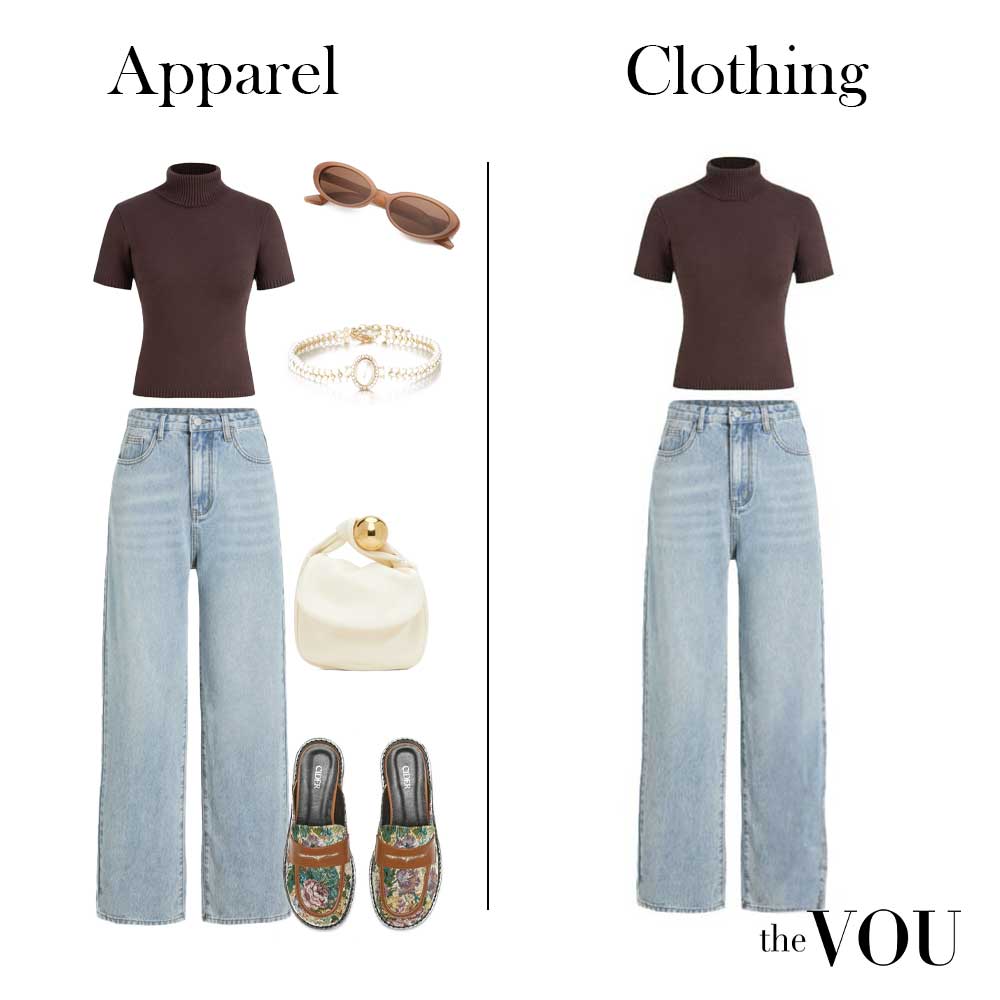 Clothing refers to garments like shirts, pants, dresses, and coats for body coverage and protection, whereas apparel encompasses footwear and accessories.