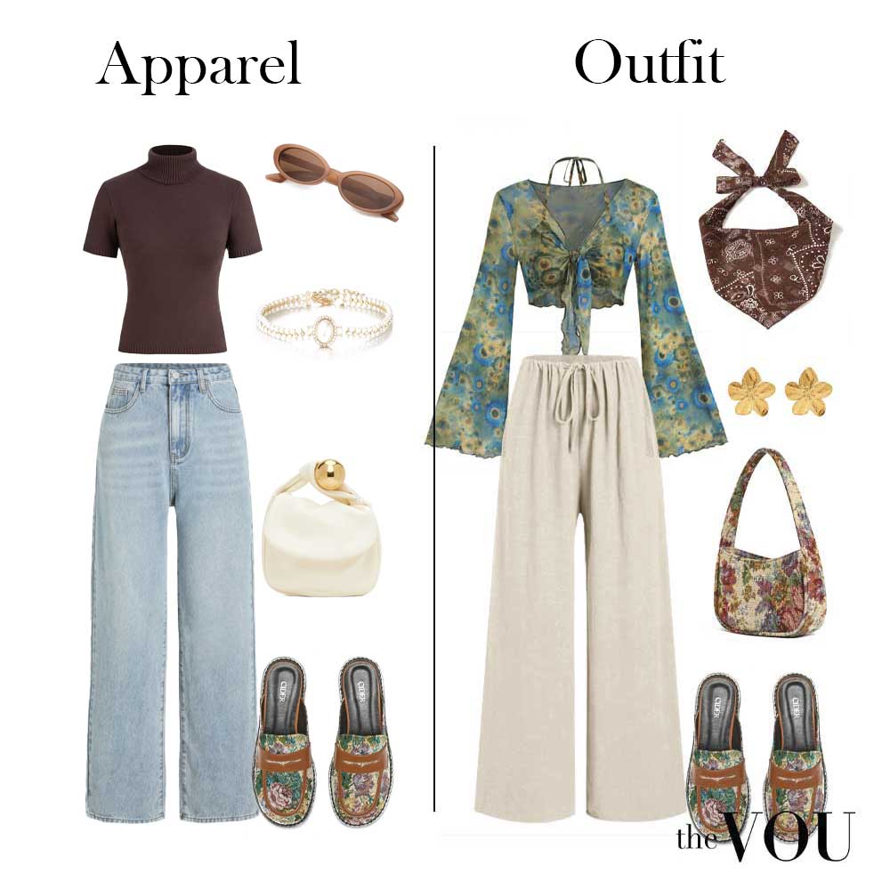 An 'outfit' is a coordinated combination of clothing, shoes, and accessories designed to reflect a particular fashion style. Unlike 'apparel,' outfits consist of items that share similar aesthetics and styles.