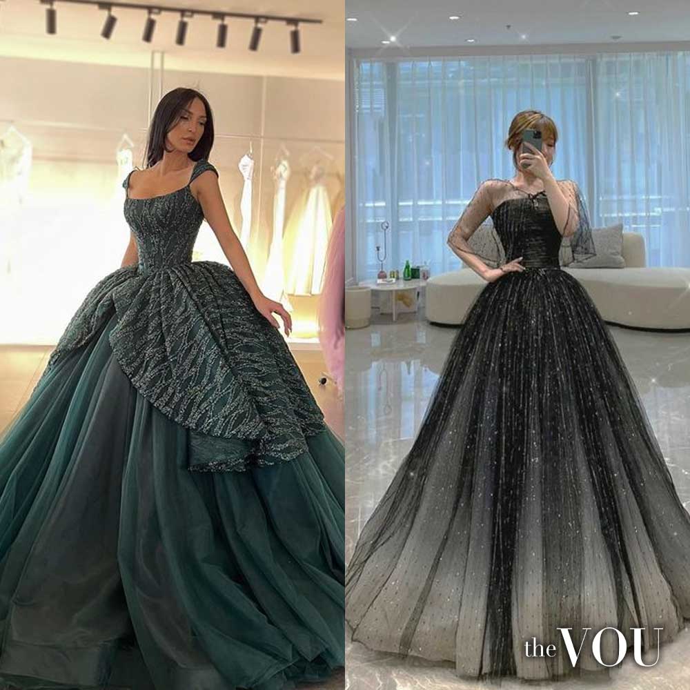 A ball gown silhouette is characterized by a fitted bodice and a full, voluminous skirt.
