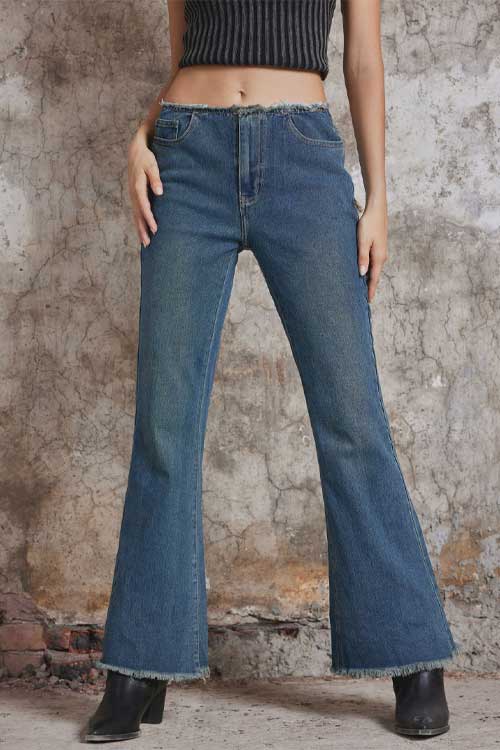Denim Low Waist Tassel Flared Jeans