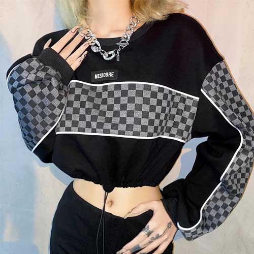 Egirl Checkered Print Lines Loose Crop Black Sweatshirt