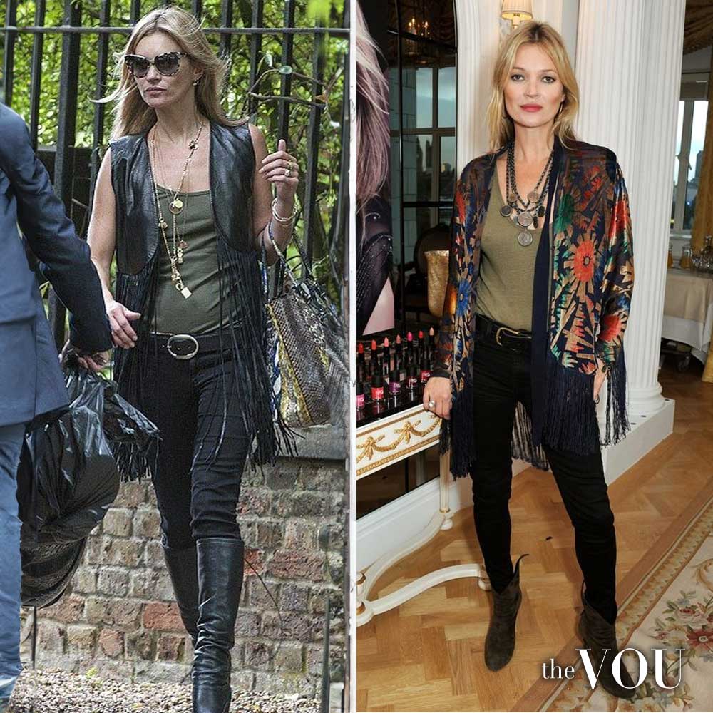 Kate Moss adores Bohemian-inspired vintage dresses and jackets with fringes reminiscent of the 1970s era.