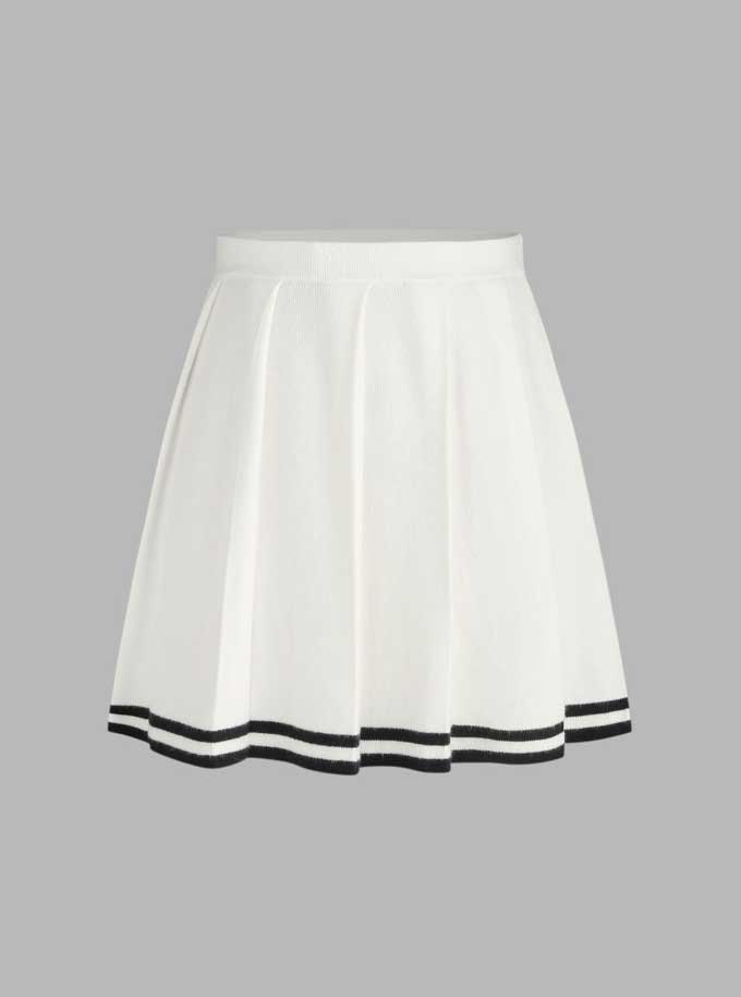 Knit Mid Waist Contrasting Binding Pleated Mini Skirt