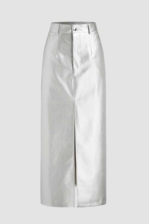 PU Metallic High Waist Solid Maxi Skirt