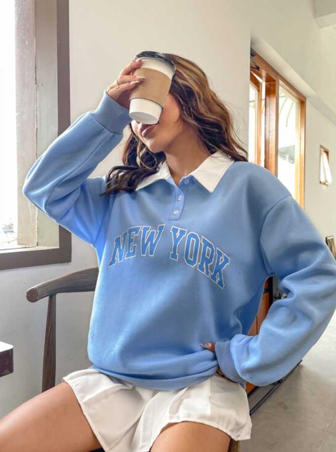 Polo Collar Drop Shoulder Letter Graphic Pullover