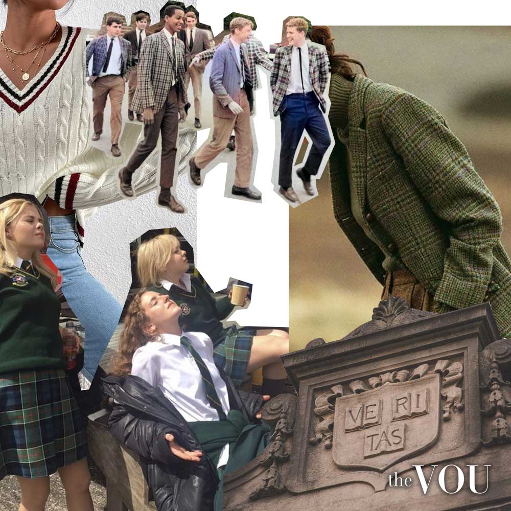 Preppy fashion draws from Ivy League culture with British-inspired patterns, wool materials, and navy, cream, and green colors.