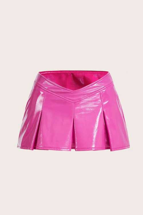 Solid Pleated Hem PU Skirt