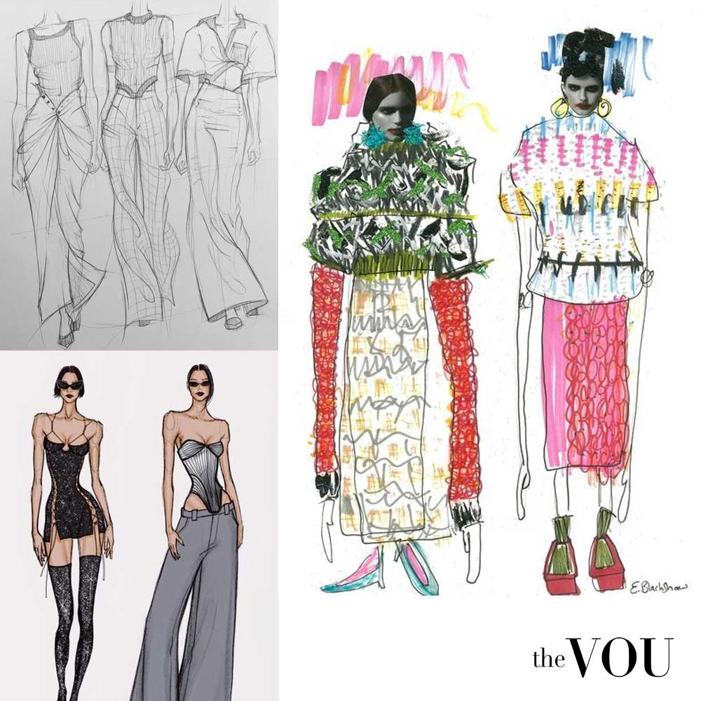 Fashion design sketches of silhouettes and materials