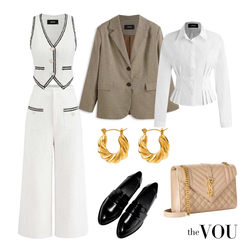 Preppy-inspired garments and accessories that when combined form a business attire.