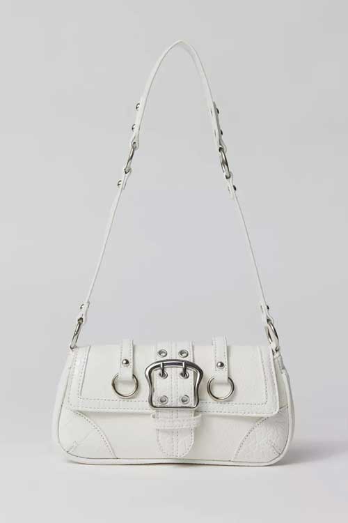 Seamed baguette bag in faux leather topped with chunky buckled detailing