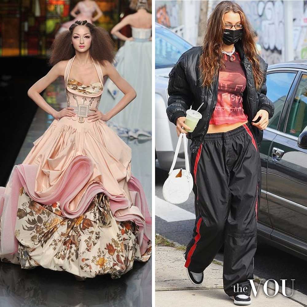 Haute couture dress on the left vs. New York streetwear way of dressing - with both outfits signalling different social status and values.