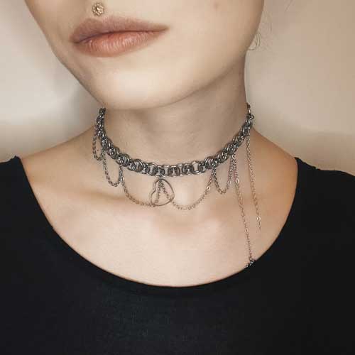 silver Heart Choker Necklace