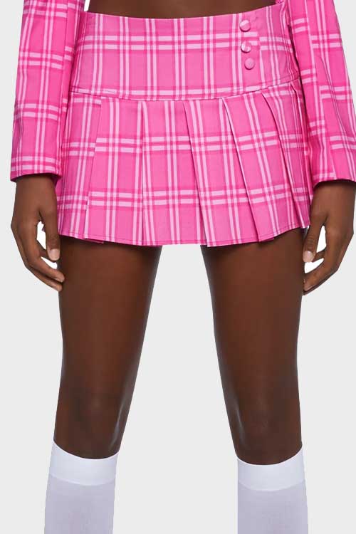 plaid mini skirt with pleated design, decorative buttons on the front, embroidered logo on the back