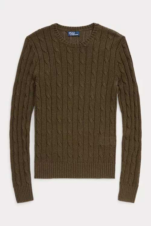 Cable-Knit Cotton-Blend Crewneck Sweater in olive green