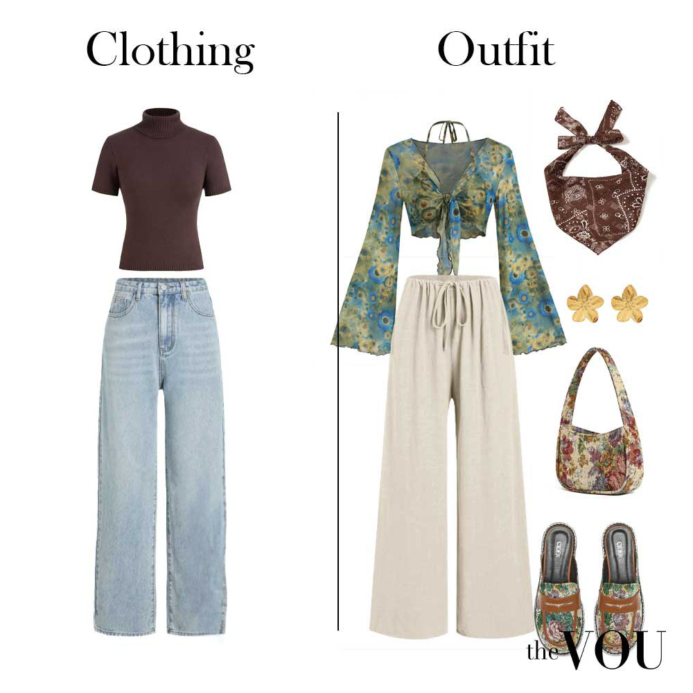 'Clothing' refers to any clothes that can be worn on the body, while 'Outfit' describes a curated mix of garments (clothes) and accessories to depict a particular fashion style - such as the hippie style outfit on the right.
