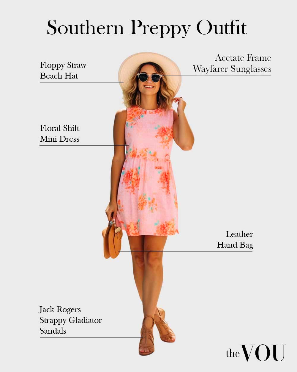 Southern Preppy Outfit with floral shift dress and sandals