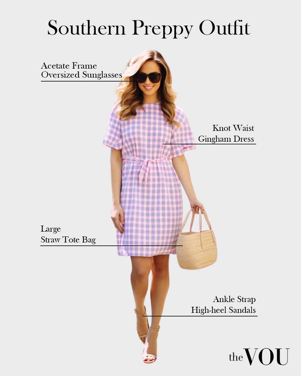 Southern Preppys Outfit: Acetate Frame Oversized Sunglasses, Knot Waist Gingham Dress, Large Straw Tote Bag, Ankle Strap High-heel Sandals