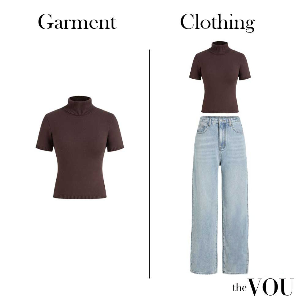'Garments' are individual clothing items, while 'clothing' encompasses everything you wear to cover and protect your body.