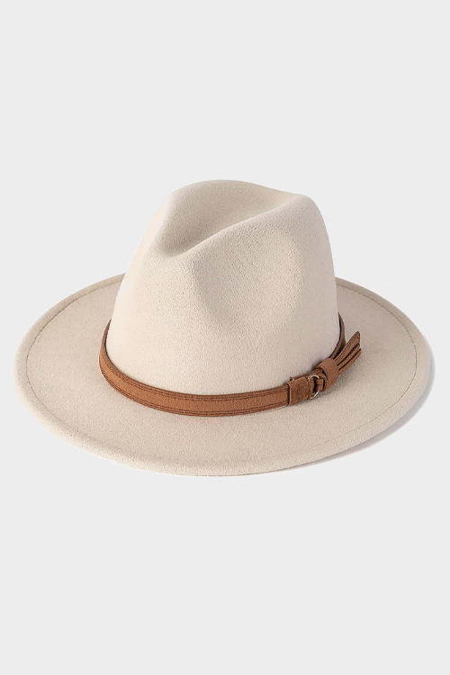 1pc Solid Color Wool Felt Wide Brim Hat With Leather Buckle Suitable For Daily Wear, Going Out, Festival Season In Autumn And Winter