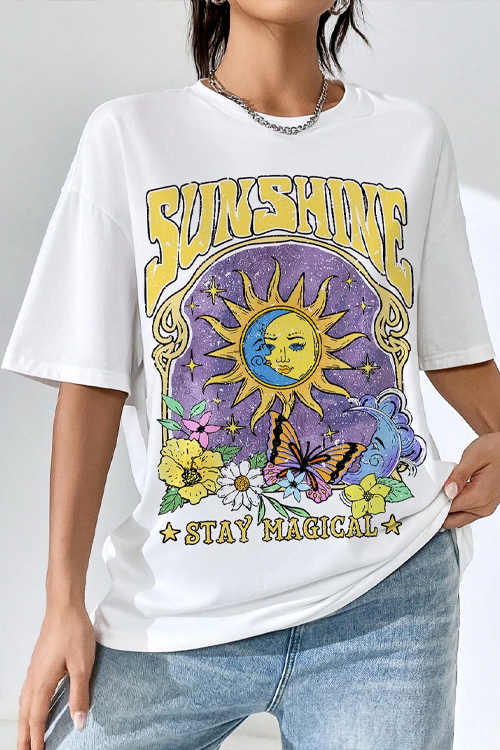 American Street Style Vintage Sun & Letter Print Loose Fit Short Sleeve T-Shirt With Round Neck