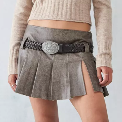Cracked Faux Leather Pleated Mini Skirt