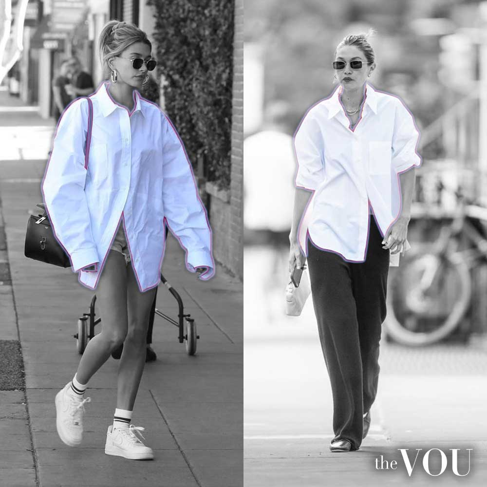 Hailey Bieber and Bella Hadid in oversized white shirt