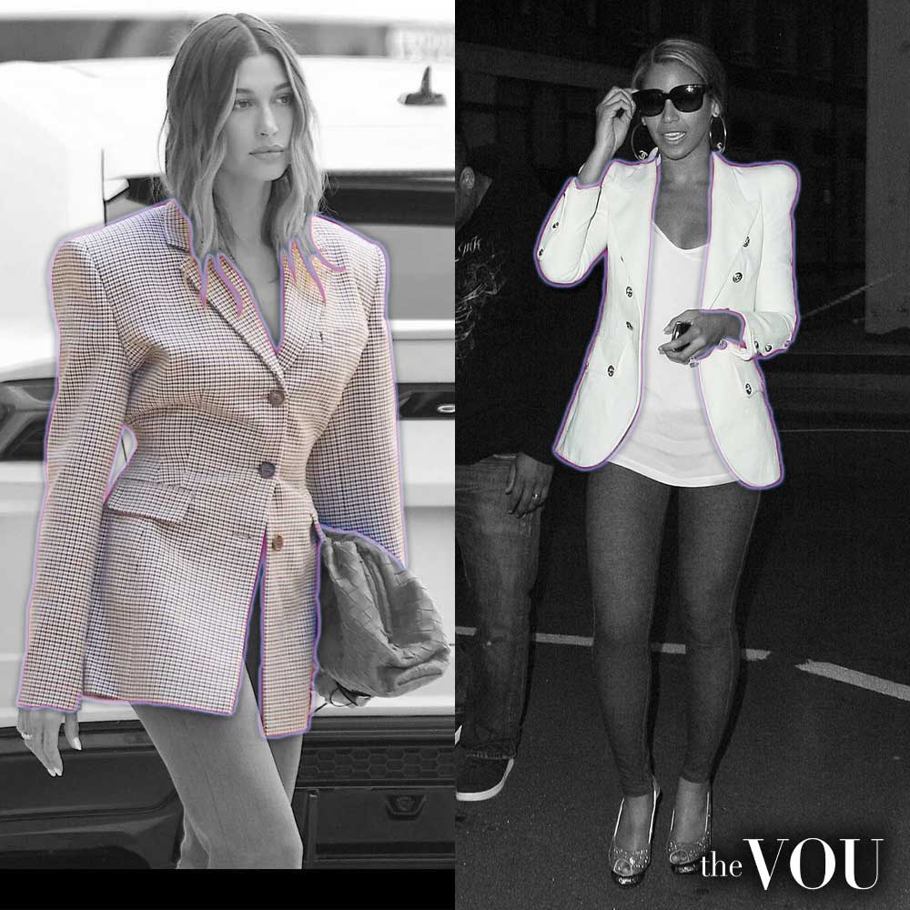 Hailey Bieber and Beyonce in padded shoulder blazers