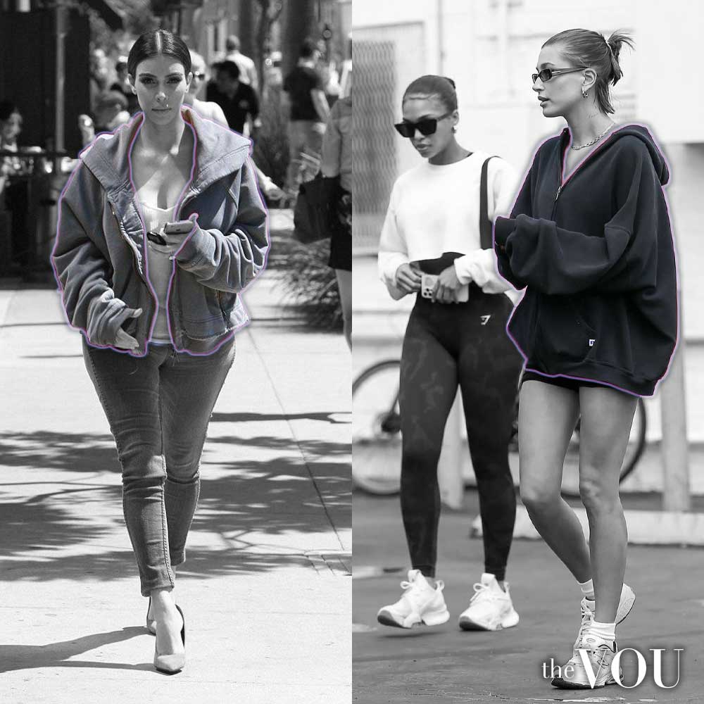 Hailey Bieber and Kim Kardashian in zip hoodies