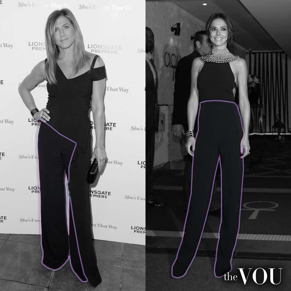Jennifer Aniston and Cheryl Fernandez-Versini in wide leg suit pants